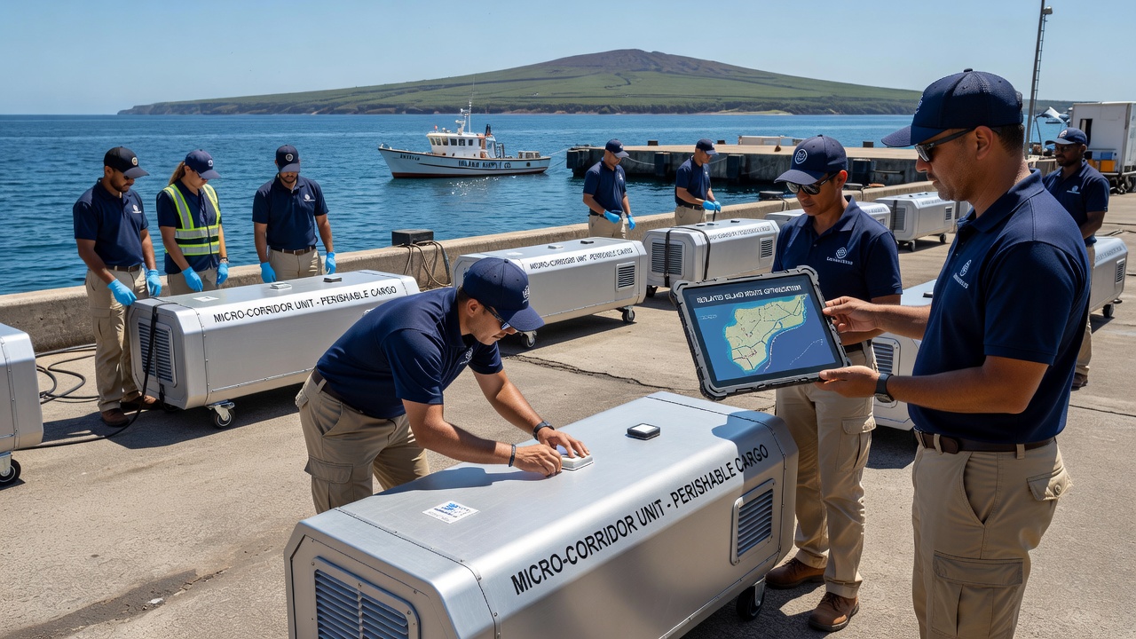 Workers transferring perishable goods from a small vessel to a shore-based cold storage unit in an island port