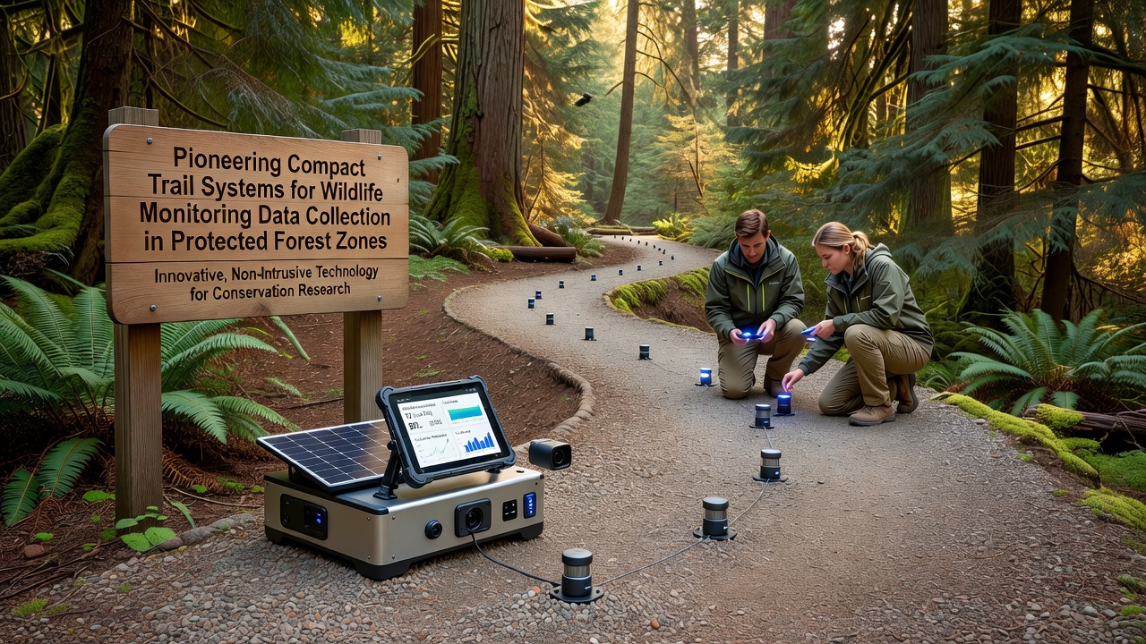 Researcher checking data loggers on a compact forest trail with camera traps visible in the background